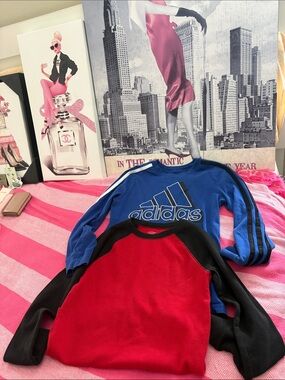 adidas Blue Long-Sleeve Logo long sleeve tee with Black Stripes and thermal tee